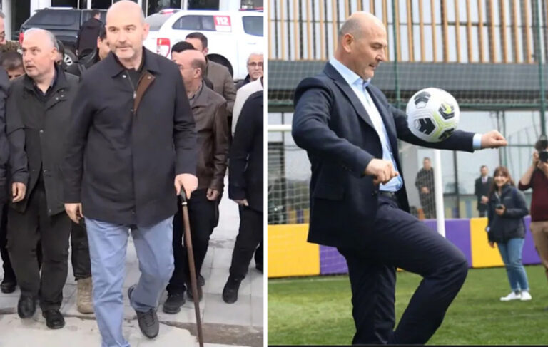 Deprem bölgesinde bastonla dolaşan Soylu’dan İstanbul’da futbol şov