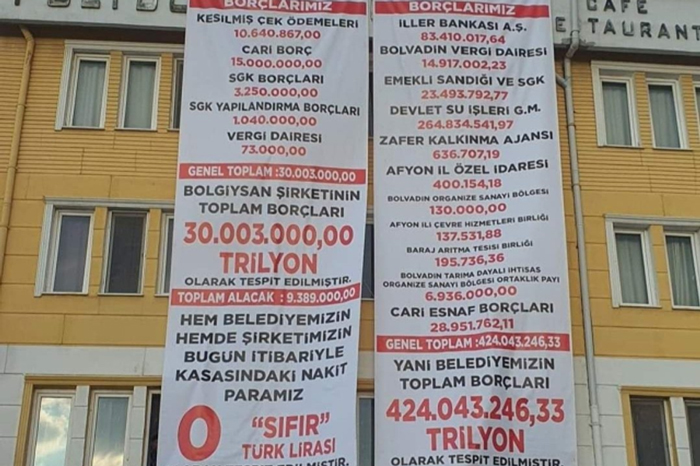 AKP’den MHP’ye geçen Bolvadin’de yeni başkan, borçları belediye binasına astı
