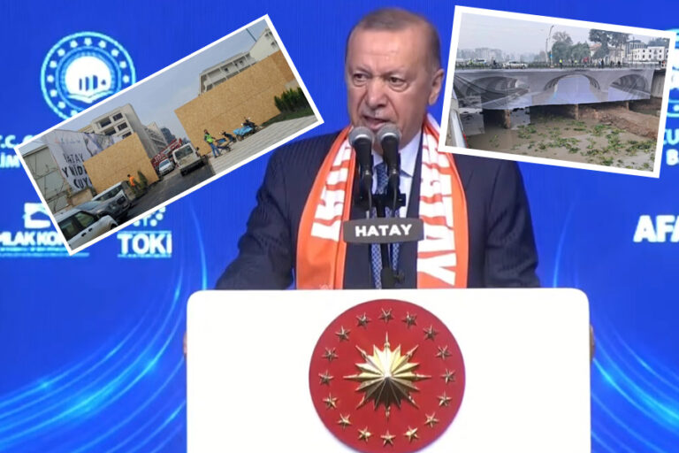 Erdoğan, bitmemiş binalara brandaların çekildiği Hatay’da konuştu: ‘Şu binaların güzelliklerine bak…’